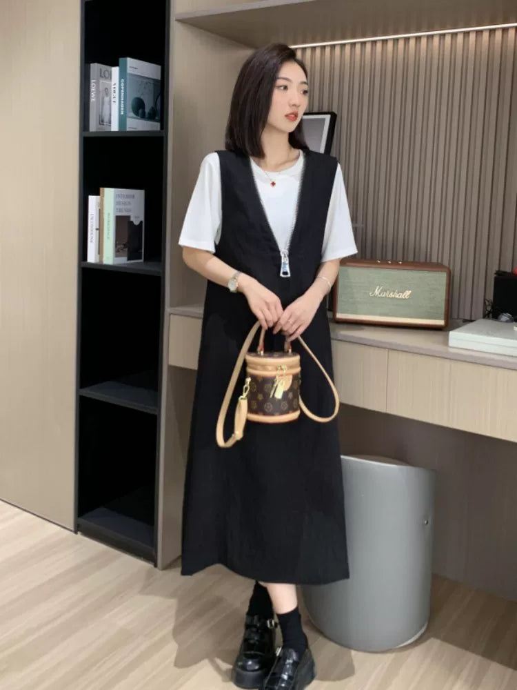 大尺码通勤百搭V领抱婴袋裙两件套女2026夏季微胖MM宽松显瘦短袖套装