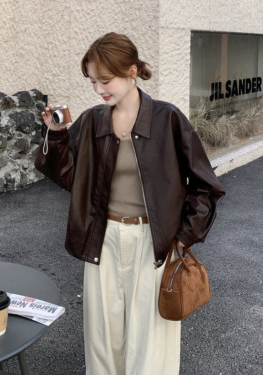 美拉德色系復古輕熟風翻領PU皮外套 女裝2025早秋新款時尚簡約夾克