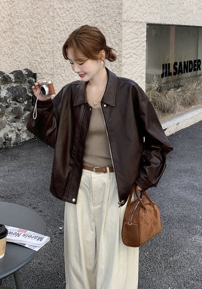 美拉德色系復古輕熟風翻領PU皮外套 女裝2025早秋新款時尚簡約夾克