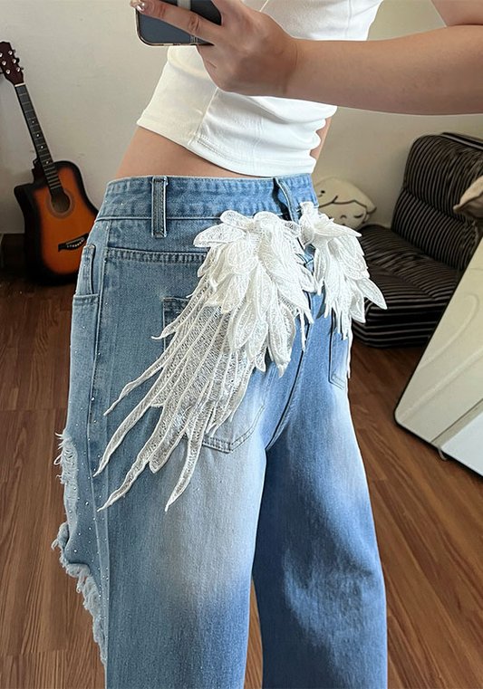 美式復古翅膀刺繡牛仔褲 女｜2026夏季新款辣妹風燙鑽破洞闊腳拖地褲