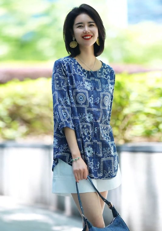 设计感休闲覆古雪纺衫女2025年夏季新款宽松大码遮肉减龄印花上衣