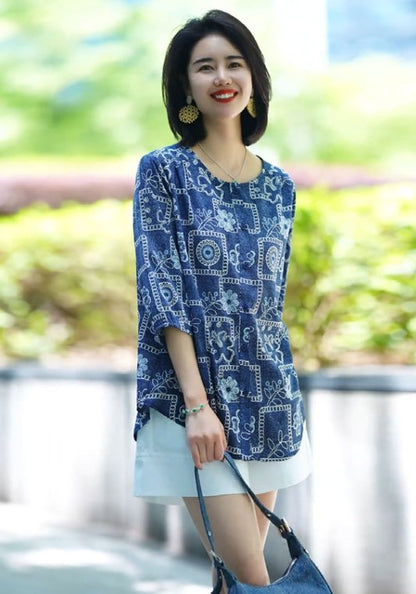 设计感休闲覆古雪纺衫女2025年夏季新款宽松大码遮肉减龄印花上衣