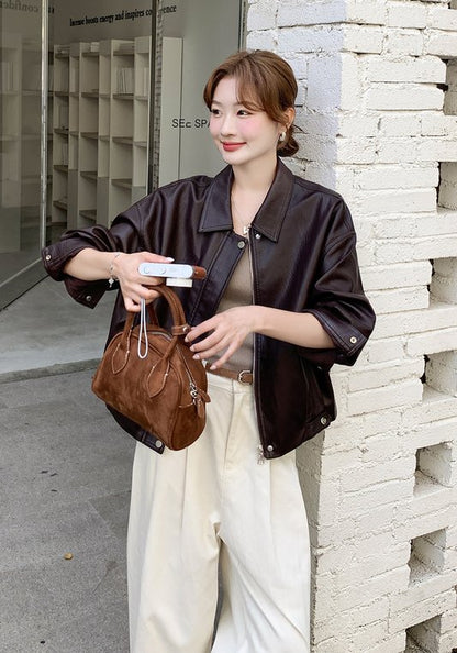 美拉德色系復古輕熟風翻領PU皮外套 女裝2025早秋新款時尚簡約夾克