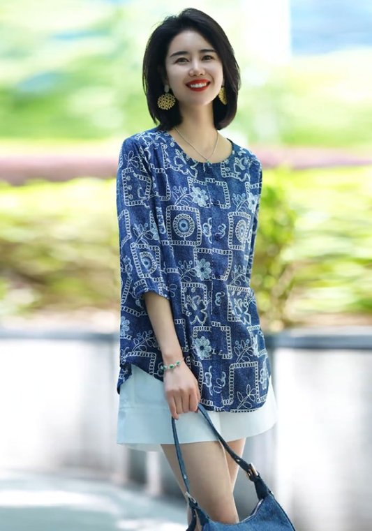设计感休闲覆古雪纺衫女2025年夏季新款宽松大码遮肉减龄印花上衣