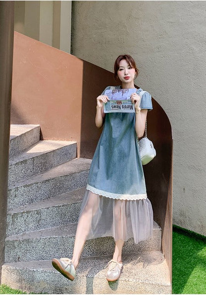 牛仔網紗拼接裙