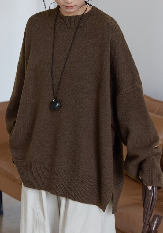 秋冬慵懶風加厚啡色毛衣女｜2025冬季新款寬鬆大碼圓領針織衫