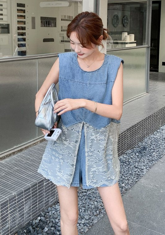 牛仔網紗拼接套裝