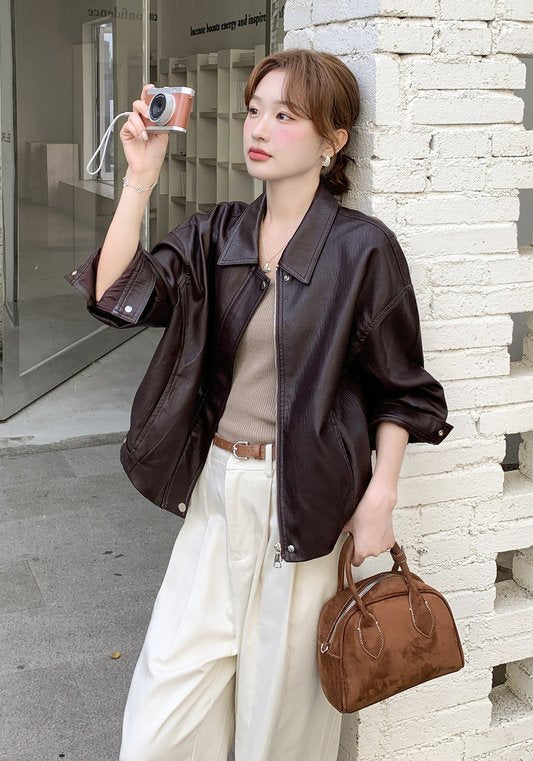 2026春秋新款復古PU皮外套 女裝短版美式寬鬆夾克 小個子專用深咖色翻領皮衣