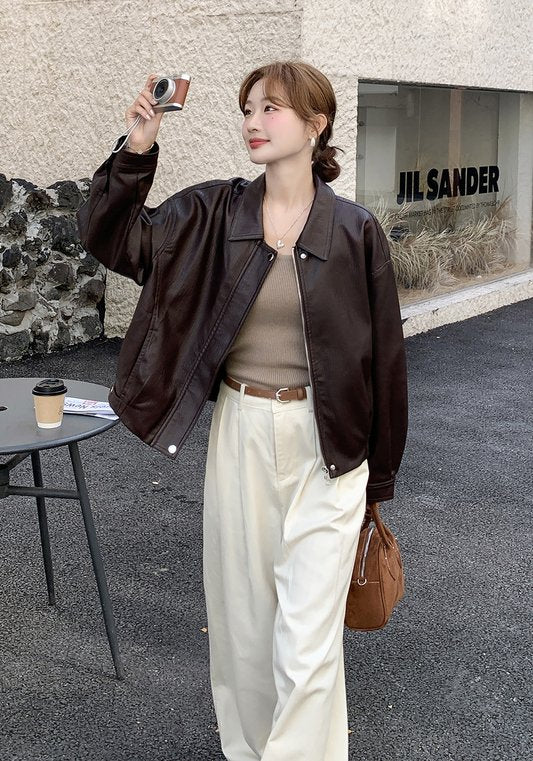 美拉德色系復古輕熟風翻領PU皮外套 女裝2025早秋新款時尚簡約夾克