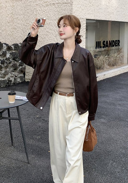 美拉德色系復古輕熟風翻領PU皮外套 女裝2025早秋新款時尚簡約夾克