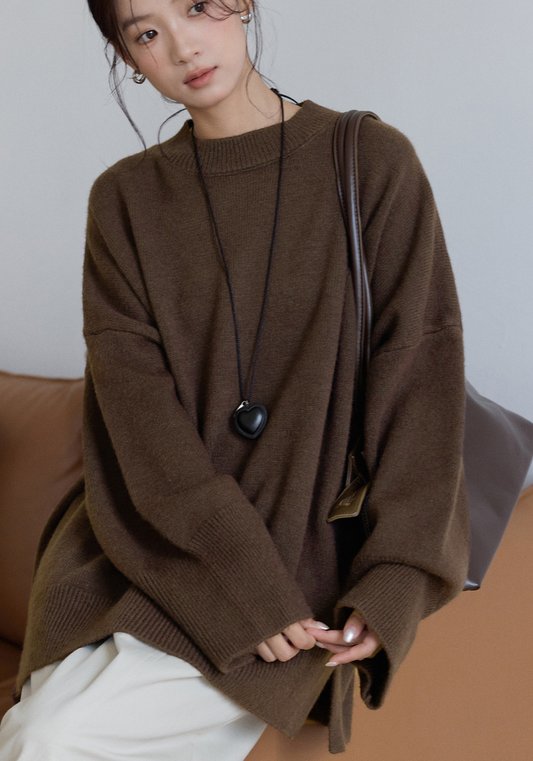 秋冬慵懶風加厚啡色毛衣女｜2025冬季新款寬鬆大碼圓領針織衫