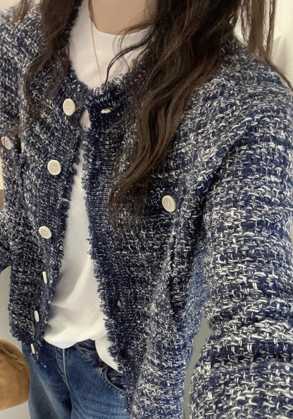 藍色小香風編織外套