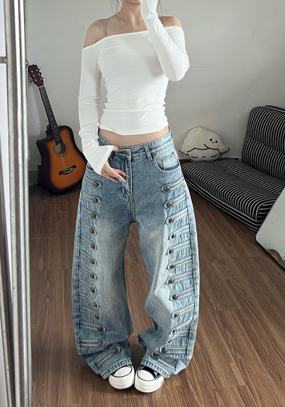 美式拿破崙宮廷風牛仔褲 女款金屬扣小眾設計 鬆身彎刀闊腳長褲