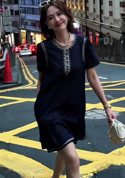 深藍刺繡牛仔裙
