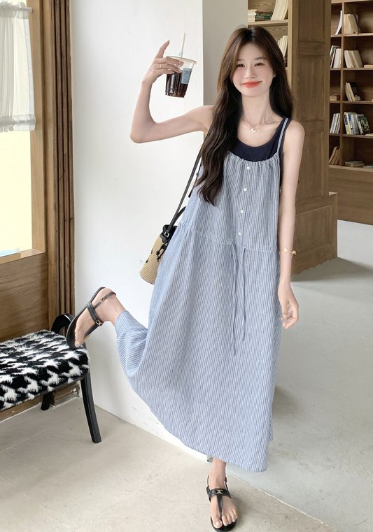 黑籃假兩件吊帶裙