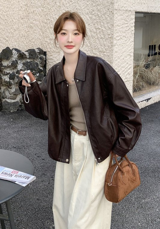 2026春秋新款復古PU皮外套 女裝短版美式寬鬆夾克 小個子專用深咖色翻領皮衣